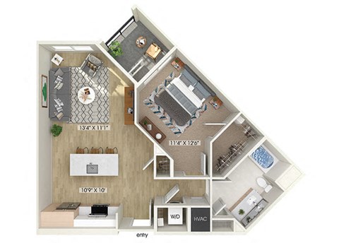 Floor plan for 1 bed, 1 bath, 769 sqft